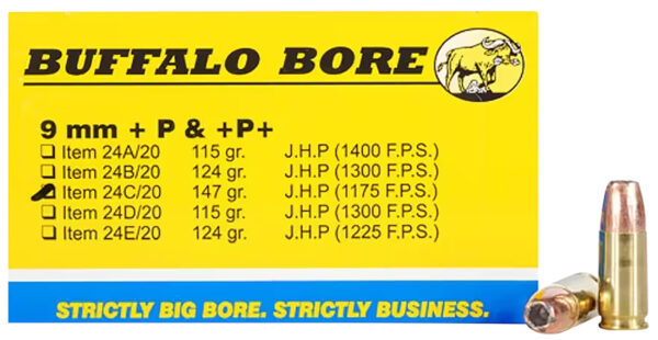 Buffalo Bore Ammunition 24C20 Personal Defense Strictly Business 9mmLuger +P+ 147gr Jacket Hollow Point 20 Per Box/12 Case — view 1