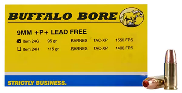 Buffalo Bore Ammunition 24G20 Buffalo-Barnes Strictly Business 9mmLuger +P+ 95gr Barnes TAC-XP Lead Free 20 Per Box/12 Case — view 1