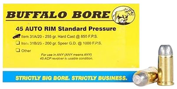 Buffalo Bore Ammunition 31A20 Standard Pressure Strictly Business 45Auto Rim 255gr Hard Cast Flat Nose 20 Per Box/12 Case — view 1