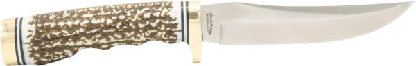 Uncle Henry 1100087 Next Gen Golden Spike 5" Fixed Plain Satin Polished Stainless Steel Blade, Brown Brass Accents Staglon Handle — view 1