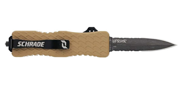 Schrade 1159305 Uproar  Automatic 3" OTF Dagger Part Serrated Black Oxide D2 Steel Blade, Flat Dark Earth Textured Aluminum Handle — view 1