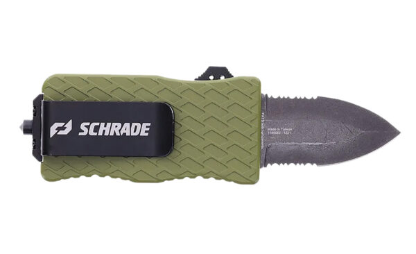 Schrade 1159306 Uproar Tactical Mini 1.90" Serrated Dagger Satin D2 Steel Blade OD Green Aluminum Handle — view 1