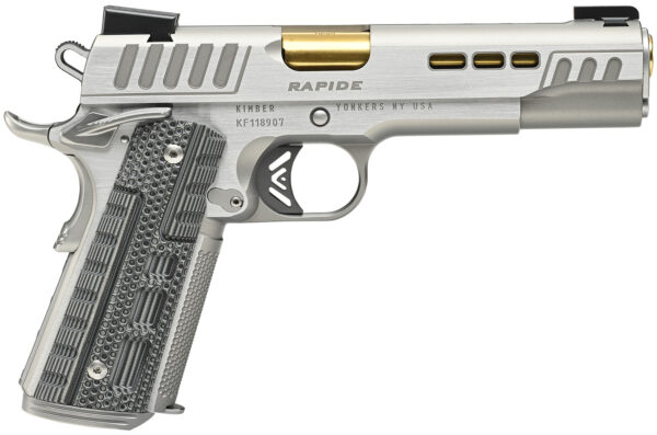 Kimber Mfg.,inc 3000420 Rapide Dawn 9mm Luger 9+1 5" Gold TiN Stainless Steel Barrel, Lightening Cut/Serrated Stainless Steel Slide, Stainless Steel Frame w/Beavertail, Black & Gray G10 Grip — view 1