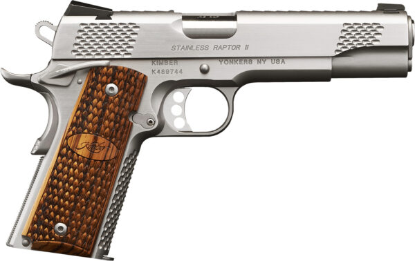 Kimber Mfg.,inc 3200365 Stainless Pro Raptor II 9mm 9+1 4" Stainless Steel Slide Satin Silver Zebrawood w/ Scale Pattern and Kimber Logo Grip — view 1