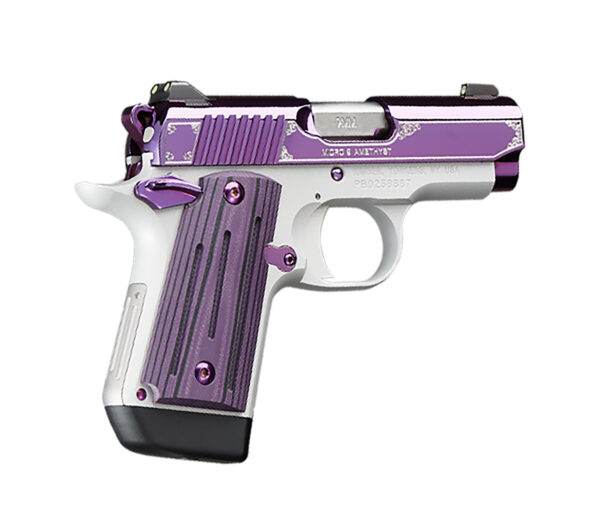 Kimber Mfg, Inc 3300214 Micro 9  9mm Luger 7+1 3.15" Stainless Ramped Steel Barrel, Purple PVD w/Border Engraving Stainless Steel Serrated Slide, Kimpro II Silver Aluminum Frame, Black/Purple G10 Grip — view 1