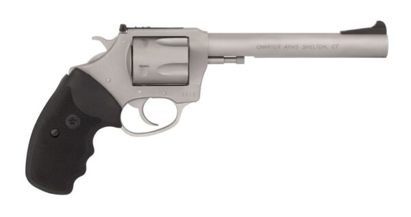 Charter Arms 73566 Mag Pug Target Extra Large 357 Mag, 6 Shot 6" Matte Stainless Steel Barrel, Cylinder & Frame w/Black Finger Grooved Rubber Grip — view 1