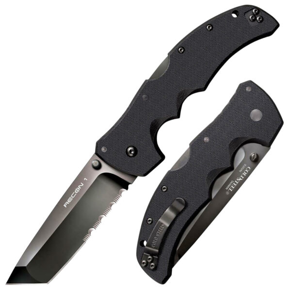 Cold Steel CS27BTH Recon 1 4" Folding Part Serrated DLC Coated American S35VN Blade/ 5.38" Black Textured G10 Handle Includes Belt Clip — view 1