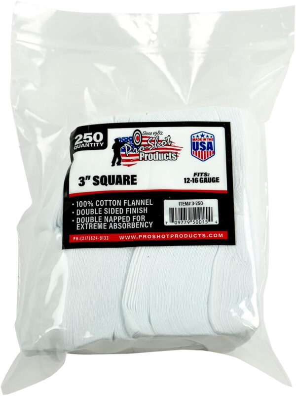Pro-Shot 3250 Cleaning Patches  12-16 Gauge 3" Square Cotton Flannel 250 Pack — view 1