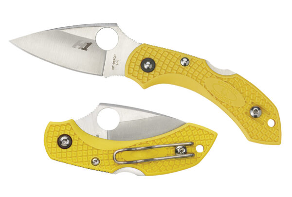 Spyderco C28SYL2 Dragonfly 2 Salt 2.25" Folding Clip Point Serrated H1 Steel Blade Yellow Bi-Directional Texturing FRN Handle Includes Pocket Clip — view 1