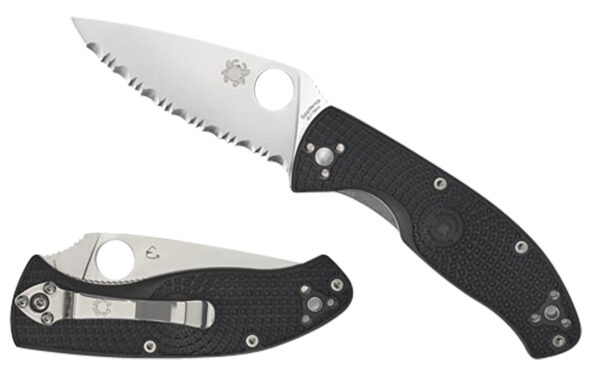 Spyderco C122PSBK Tenacious Lightweight 3.39" Folding Part Serrated Satin 8Cr13MoV SS Blade/Black Bi-Directional Texturing FRN Handle Includes Pocket Clip — view 1