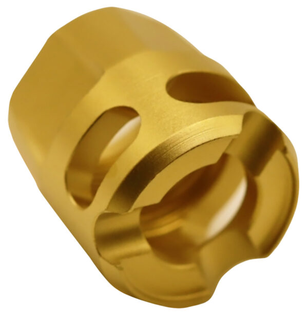 True Precision Inc TPYMICROG Micro Compensator Y-Type Gold 416R Stainless Steel 1/2"x28 Threads 9mm/380 ACP — view 1