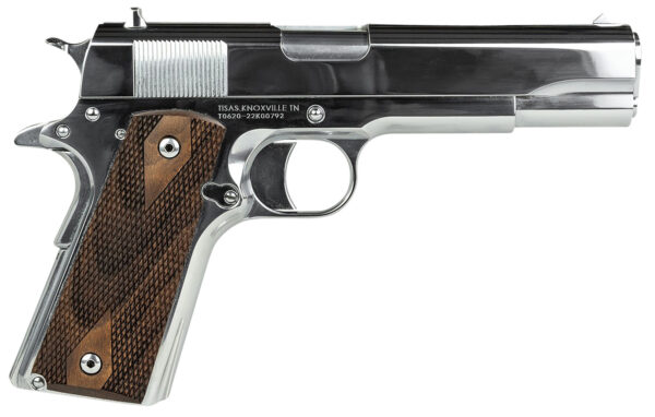 Tisas 10100513 1911 Regulator Full Size Frame 9mm Luger/38 Super 9+1 5" Stainless Steel Barrel, Polished Chrome Steel Serrated Slide, Chrome High Polished Steel Frame w/Beavertail, Turkish Walnut Grip — view 1