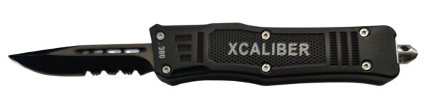 Xcaliber Knife Company  380 ACP  Small 2.75" OTF Part Serrated Black 440C SS Blade, 3.91" Steel Handle — view 1
