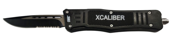 Xcaliber Knife Company  380 ACP  Medium 3.25" OTF Part Serrated Black 440C SS Blade, 4.64" Steel Handle — view 1