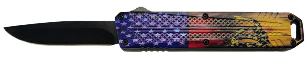 Xcaliber Knife Company  Don't Tread on Me  Medium 3.20" OTF Drop Point Plain Black 440C SS Blade, 4.80" US Flag Aluminum Handle — view 1