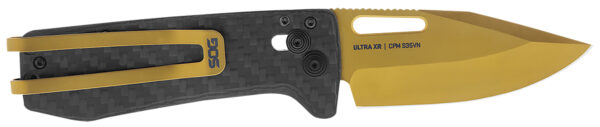 S.O.G SOG-12-63-02 Ultra XR  2.80" Folding Clip Point Plain Gold TiNi Cryo S35NV Steel Blade/Black Textured Carbon Fiber Handle Includes Pocket Clip — view 1