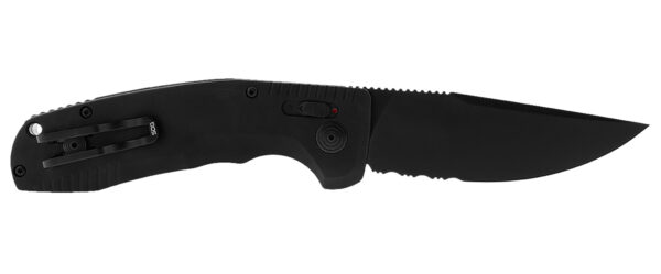 S.O.G SOG15380257 SOG-TAC Auto 3.43" Folding Part Serrated Black TiNi Cryo D2 Steel Blade Black Micro-Textured Anodized Aluminum Handle Includes Pocket Clip — view 1