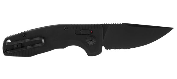 S.O.G SOG-15-38-08 SOG-TAC Auto Compact 2.94" Folding Straight Back Part Serrated Black TiNi Cryo D2 Steel Blade Black Micro-Textured Anodized Aluminum Handle Includes Pocket Clip — view 1
