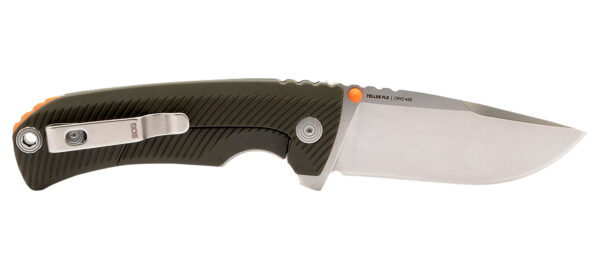 S.O.G SOG14060143 Tellus FLK  3.65" Folding Clip Point Plain Stonewashed Cryo 440C SS Blade/ Olive Drab Textured GRN Handle — view 1