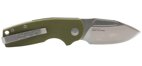 S.O.G SOG16030157 Stout SJ 2.60" Folding Clip Point Plain Stonewashed Cryo D2 Steel Blade/ Olive Drab Textured G10 Handle Includes Belt Clip — view 1