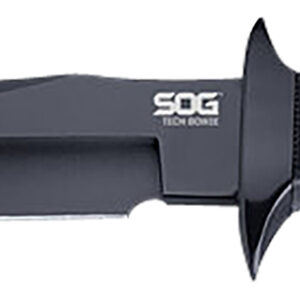S.O.G SOGS10BK Tech Bowie  6.40" Fixed Plain Clip Point Black Hardcased TiNi AUS8 SS Blade/ Black w/ White "SOG" Logo Kraton Handle