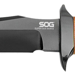S.O.G SOGSB1TL Super SOG  7.50" Fixed Bowie Plain Black Hardcased TiCN AUS-8A SS Blade Brown Stacked Leather Washers w/Cross Guard Handle Includes Sheath