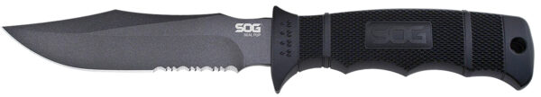 S.O.G SOGM37K Seal Pup  4.75" Fixed Clip Point Part Serrated Powder Coated AUS-8A SS Blade Black w/Raised Diamond Pattern GRN Handle Includes Sheath — view 1