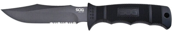 S.O.G SOGM37NCP Seal Pup  4.75" Fixed Clip Point Part Serrated Powder Coated AUS-8A SS Blade Black w/Raised Diamond Pattern GRN Handle Includes Lanyard/Sheath — view 1