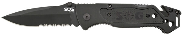 S.O.G SOGFF25CP Escape  3.40" Folding Clip Point Part Serrated Black Hardcased 9Cr18MoV SS Blade Black Anodized Aluminum Handle Includes Belt Clip — view 1