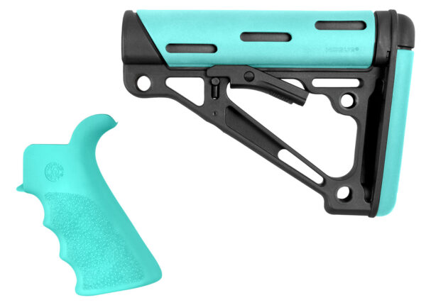 Hogue 13455 OverMolded 2-Piece Kit Collapsible Aqua OverMolded Rubber Black & Aqua Rubber Grip for AR15, M16 with Commercial Tube (Tube Not Included) — view 1