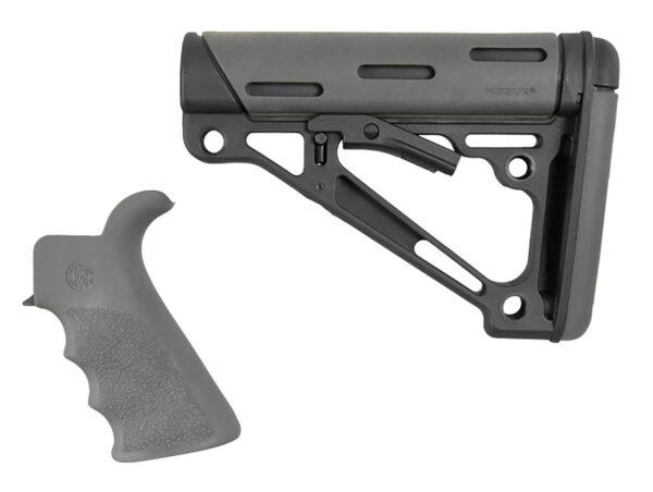 Hogue 15556 OverMolded Collapsible Buttstock Black Synthetic & Slate Gray OverMolded Rubber Stock Slate Gray Rubber Finger Grooved Grip for AR-15, M16 with Mil-Spec Buffer Tube (Tube Not Included) — view 1