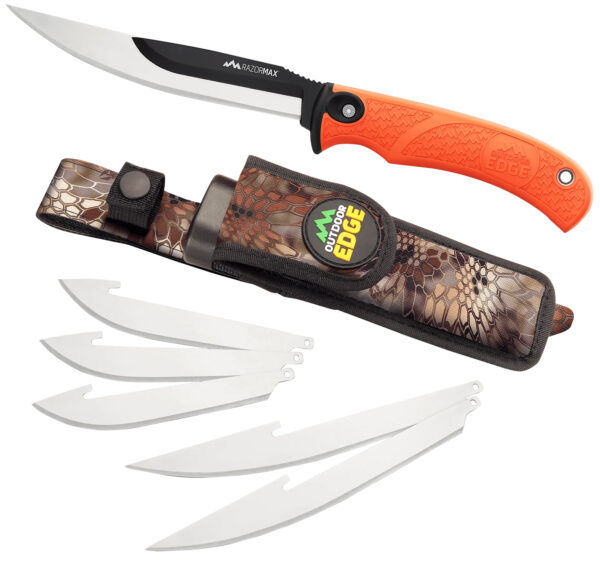 Outdoor Edge RMB20C RazorMax  6 Blades, 3.50" Drop Point/5" Boning Fillet Folding Plain Satin/Black Oxide 420J2 SS Blades, Blaze Orange Textured TPR Handle — view 1