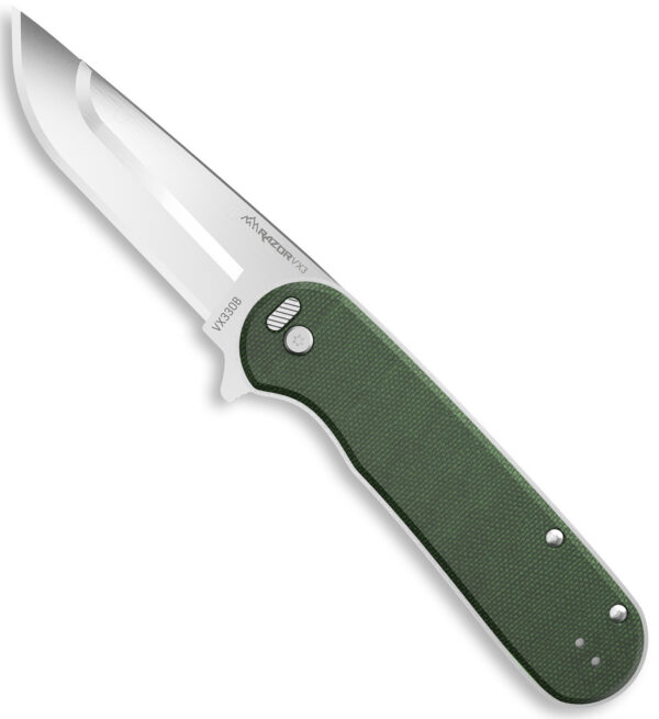 Outdoor Edge VX330B Razor VX3 EDC 3" Folding Drop Point Plain Satin 420J2 SS Blade, Green Micarta Handle — view 1