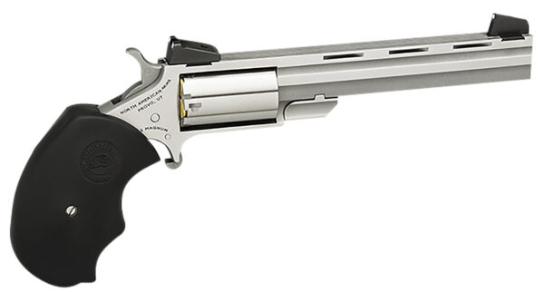 North American Arms MMTL Mini-Master *CA Compliant 22 LR 5 Shot 4" Stainless Steel Vent Rib Barrel, Stainless Steel Frame, Stainless Cylinder, Black Finger Grooved Rubber Grip, Exposed Hammer — view 1