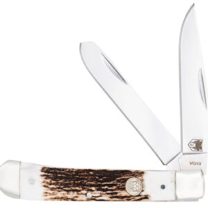 CobraTec Knives CTTDTRPSTAG Trapper  Folding 2.88" Clip Point, 2.94" Spey Plain Polished VG-10 SS Blades, 4.44" Stag Bone Scales/SS Handle