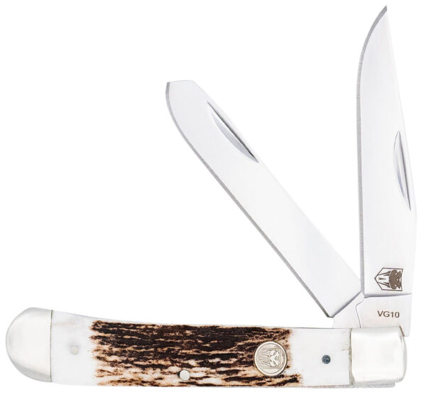 CobraTec Knives CTTDTRPSTAG Trapper  Folding 2.88" Clip Point, 2.94" Spey Plain Polished VG-10 SS Blades, 4.44" Stag Bone Scales/SS Handle — view 1