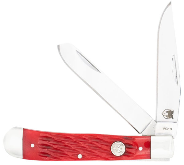 CobraTec Knives CTTDTRPREDBN Trapper  Folding 2.88" Clip Point, 2.94" Spey Plain Polished VG-10 SS Blades, 4.44" Red Bone Scales/SS Handle — view 1