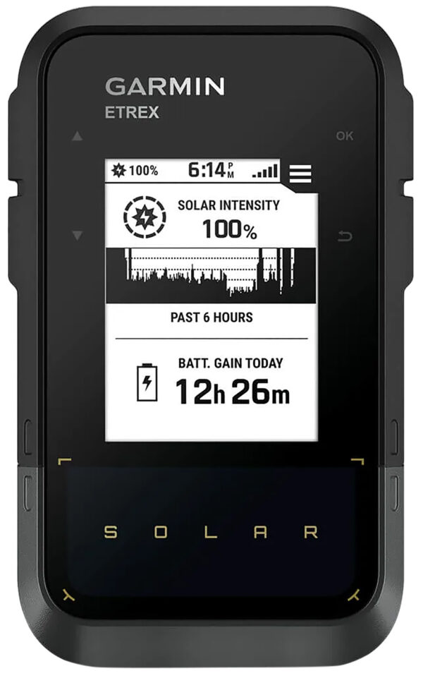 Garmin 0100278200 eTrex Solar GPS/Smart Features, 28MB Memory Black 2.20" Transflective/Monochrome Display, Compatible w/Garmin Explore App — view 1