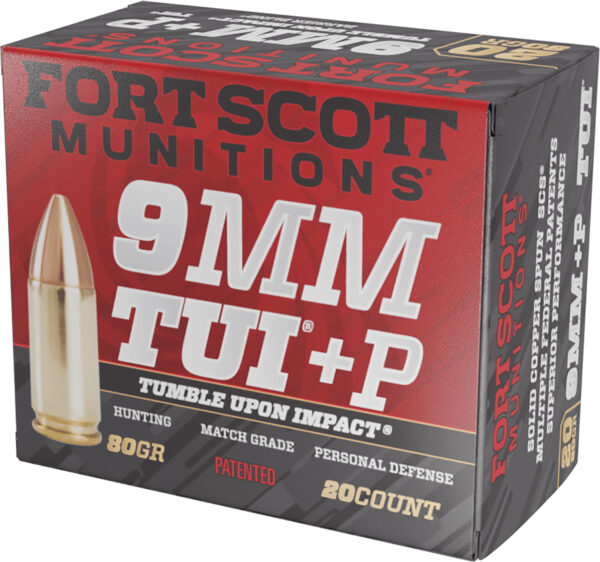 Fort Scott Munitions 9MM+P-080-SCV Tumble Upon Impact (TUI)  9mm+P 80gr Solid Copper Spun 20 Per Box/25 Case — view 1