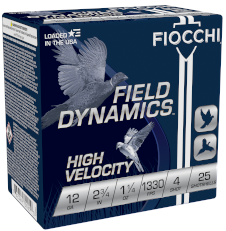 FIOCCHI HV LEAD AMO 12GA 2.75 IN 1 1/4 OZ #4 1330FPS 25-RD ( 10 BOXES PER CASE )