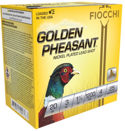 FIOCCHI GOLDEN PHEASANT AMO 20GA 3 IN 1 1/4 OZ #4 1200FPS 25-RD ( 10 BOXES PER CASE ) — view 1
