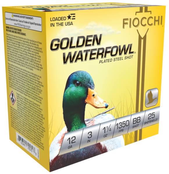 FIOCCHI GOLDEN WFOWL ZINC PLATED STL AMO 12GA 3 IN 1 1/4 OZ #BB 1350FPS 25-RD ( 10 BOXES PER CASE ) — view 1