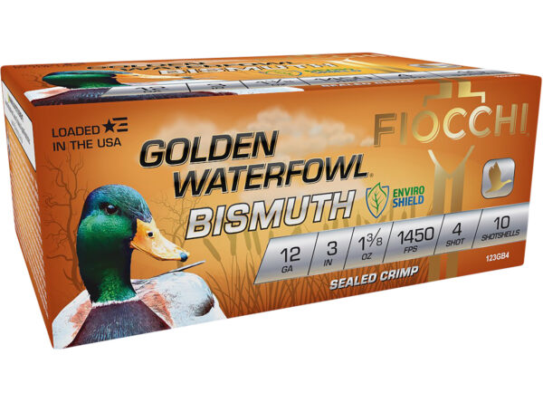 Fiocchi 123GB4 Golden Waterfowl Bismuth 12Gauge 3" 1 3/8oz 4Shot 10 Per Box/10 Case — view 1