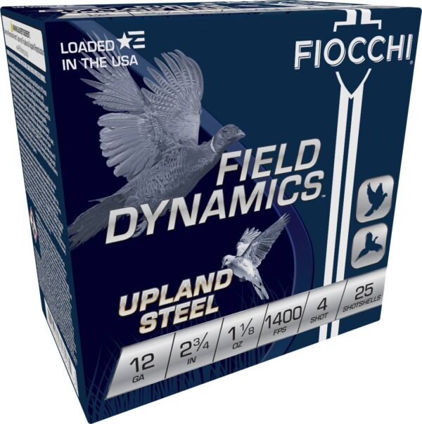 FIOCCHI HI VELOCITY STEEL AMO 12GA 2.75 IN 1 1/8 OZ #4 1400FPS 25RD ( 10 BOXES PER CASE ) — view 1