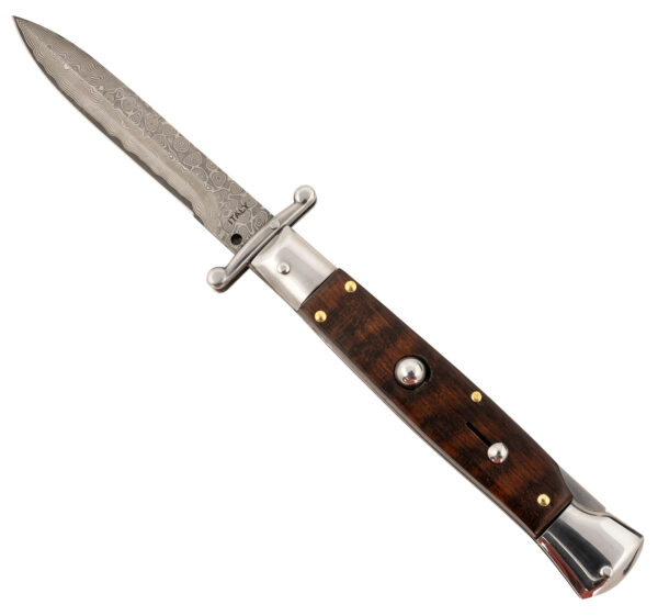 Steel River Knives SGSWRDAM Spartan  3.9" Italian Bayonet Damascus 5.1" Snakewood Buffalo Horn Handle Side Open — view 1