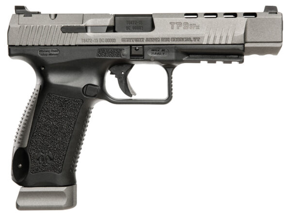 Canik HG3774GN TP9SFx  9mm Luger 20+1, 5.20" Black Nitride Match Grade Barrel, Tungsten Gray Cerakote Optic Ready/Serrated w/Ports Steel Slide, Black Polymer Frame w/Picatinny Rail, Ambidextrous — view 1
