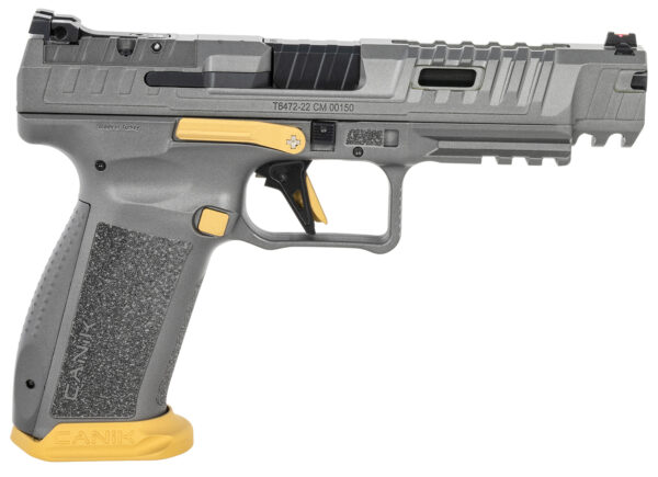 Canik HG6610TN SFx Rival Full Size 9mm Luger 18+1, 5" Black Steel Barrel, Rival Gray Ported/Serrated Slide, Rival Gray w/Gold Accents Polymer Frame w/Beavertail & Picatinny Rail, Ambidextrous — view 1