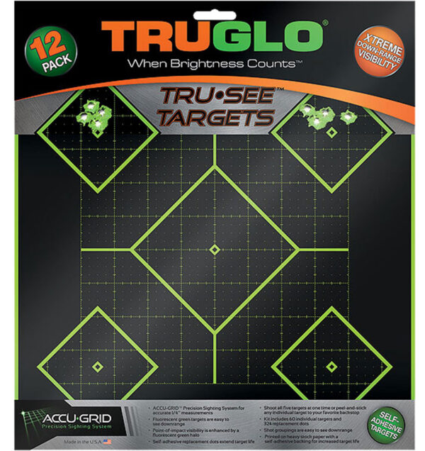 TruGlo TG14A12 Tru-See 5- Diamond Target Self-Adhesive Heavy Paper Black/Green 12"x12" 12 Pack — view 1