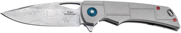 Boker 01BO910DAM P-51 Damast  3.35" Drop Point Plain Silver Acid Etch Damascus Blade Titanium Handle — view 1