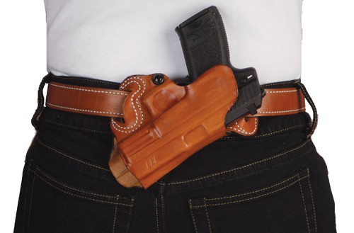 DESANTIS SMALL OF BACK HOLSTER - RH OWB LEATHER COLT 1911 TAN — view 1